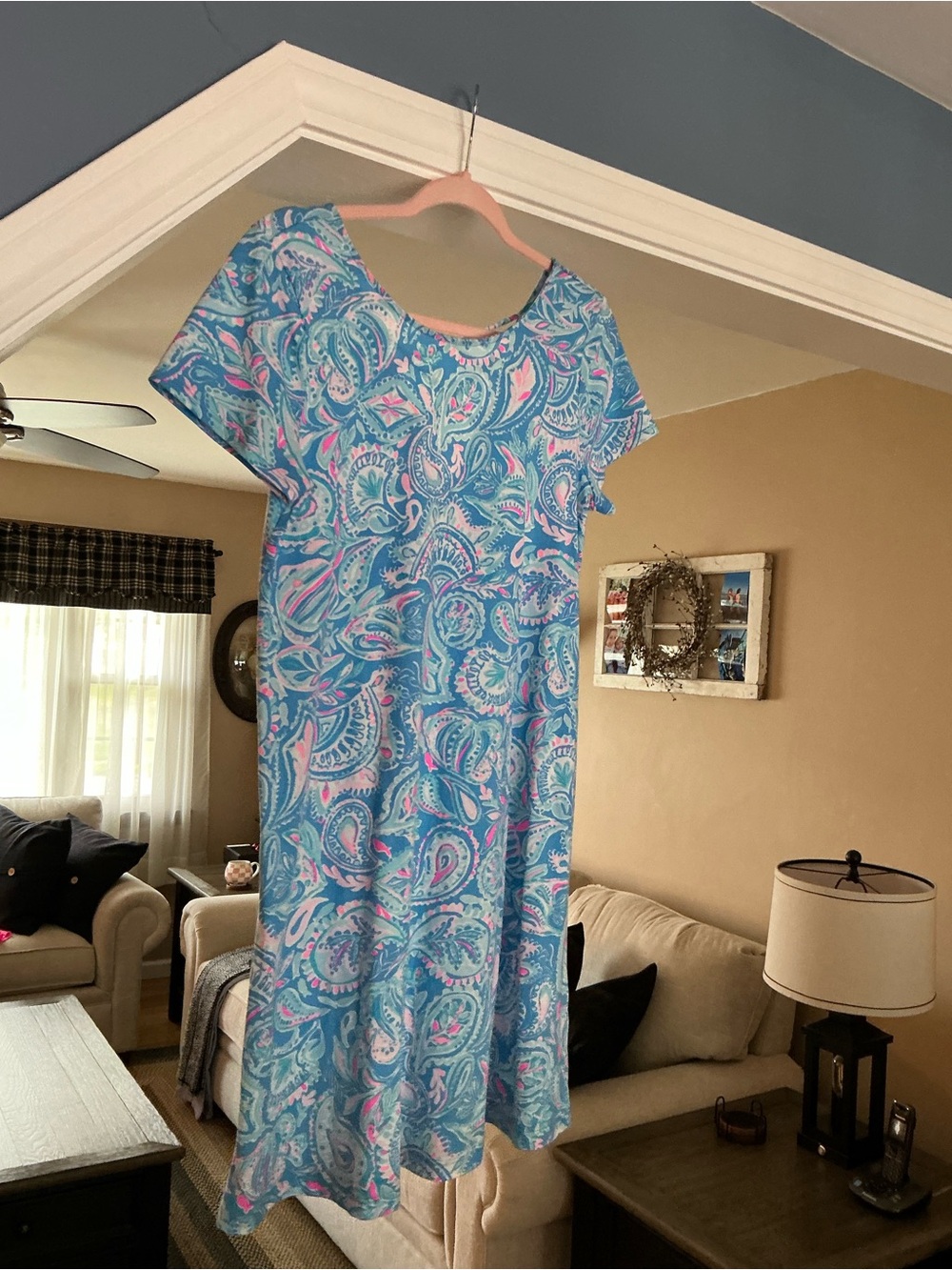 Lilly Pulitzer Blue Paisley Midi Shift Dress with Pink Accents